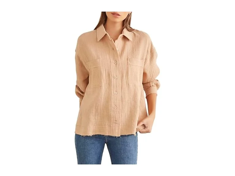 Forever 21 Women (M) Seersucker Raw-cut Shirt Sand