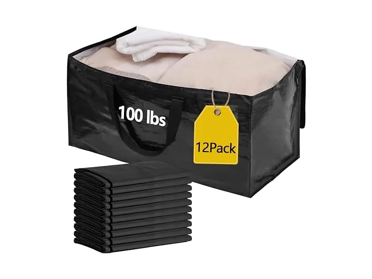 12 Pack Waterproof Moving Storage Bags, 95L, Black