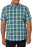 Amazon Essentials Men's Short-Sleeve Regular-Fit Stretch Poplin Shirt Shirt, -Teal/White, Plaid, Small