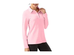 FKEEP Women Long Sleeve Polo Shirt Golf Sport Top Athletic Sportswear Tennis Activewear (Pink, L)
