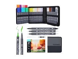 TOSHARE Watercolor Pens Set, 48-Color Dual Tip Professional Watercolor Markers for Adults, Water-Based Art Markers with 1 Aquapen, 2 Colorless Blenders, 1 Black Marker, and 12-Page Pad, Art Supply