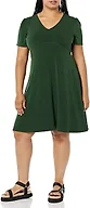 Amazon Essentials Women's Short Sleeve V-Neck Gathered Flattering Fit and Flare Dress, Dark Green, Large