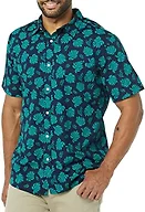 Amazon Essentials Men's Slim-Fit Short-Sleeve Poplin Shirt, Navy Teal Green Palm Leaf Print, Large