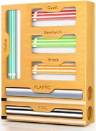 KOCWELL Bag Organizer and Plastic Wrap Dispenser with Cutter, 6 In 1 Bamboo Foil and Plastic Wrap Organizer for Kitchen Drawer, Food Storage Bag Organizer for Gallon,Quart,Sandwich,Snack(Yellow)