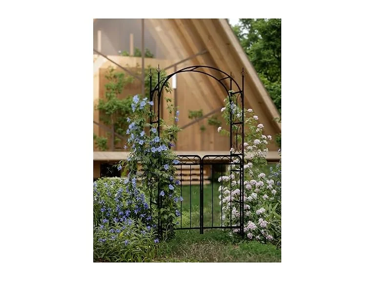 8ft Metal Garden Arch with Gate Black