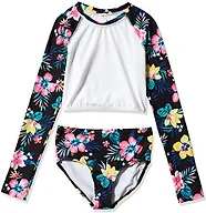 Kanu Surf Girls' Rash Guard 2-pc Swim Set, Brooke Crop Black, 3T