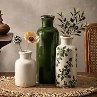 LIFESTYLO Ceramic Vintage Vase Set of 3, Green and White Crackle Glaze, Chinoiserie Floral Decor for Farmhouse Shelf, Table Centerpiece, Mantel, Living Room & Office
