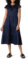Amazon Essentials Women's Relaxed-Fit Cotton Sateen Crewneck Tiered Midi Dress with Flutter Sleeves, Back Button Closure, Navy, Small