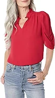 Amazon Essentials Women's Lightweight Georgette Half-Sleeve Ruffle Neck V-Neck Woven Blouse, Raspberry Red, Small