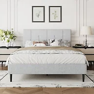 IOILORI Full Size Bed Frame Platform with Velvet Upholstered Headboard, Sturdy Wooden Slats, No Spring Box, No Noise, Easy to Assemble, Light Grey Bedframe with Strong Wooden Slats, Light Gray