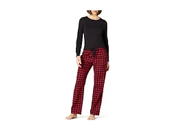 Amazon Essentials Womens Lightweight Flannel Pant and Long-Sleeve T-Shirt Sleep Set (Available in Plus Size), Cherry Red/Black, Classic Buffalo Plaid, Medium