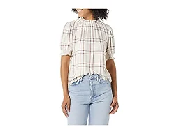 Amazon Essentials Women's Fluid Twill Short Puff Sleeve Ruffle Smock Detail Blouse, Burgundy Ecru Plaid, Small