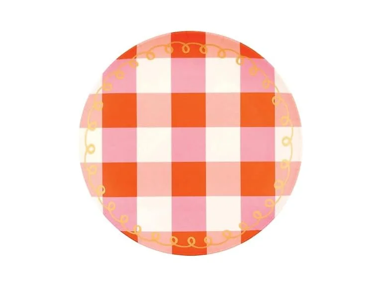  8" Melamine Plastic Plate, Set of 4, Pink Plaid