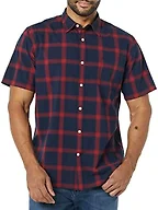 Amazon Essentials Men's Slim-Fit Short-Sleeve Poplin Shirt, Navy Red Buffalo Plaid, X-Large