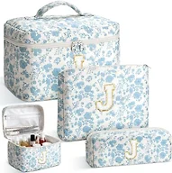 Yestar Quilted Makeup Bag Large Capacity, 3PCS Floral Cotton Initial Cosmetic Pouch Organizer, Multi-Size Portable Travel Toiletry Bag with Compartment, Birthday Gift for Women Girls Daily Vacation J