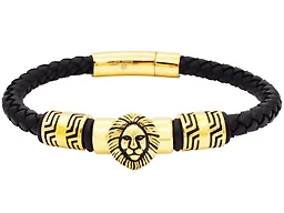 Blackjack Jewelry S-BJB273G Genuine Black Leather Lion Bracelet Gold 