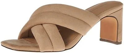Amazon Essentials Women's Crossover Block Heeled Mules Sandal with Padded Straps and Memory Foam Insole, Beige Faux Microsuede, 10