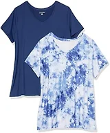 Amazon Essentials Women's Active Quick Dry Tech Stretch Short-Sleeve V-Neck T-Shirt (Available in Plus Size), Pack of 2, Navy/White Tie Dye, Large