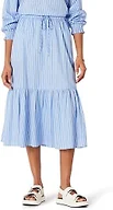 Amazon Essentials Women's Relaxed-Fit Midi-Length Tiered Cotton Sateen Skirt, Blue White Stripe, Large