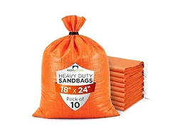 Heavy Duty Sand Bags Pack of 10, Bright Orange Empty Sandbags with Built-In Ties, Woven Polypropylene UV Protection 1600 Hours, Fillable Bags for Flood Control, Weight, 18x24 inches, 60 Pounds Volume