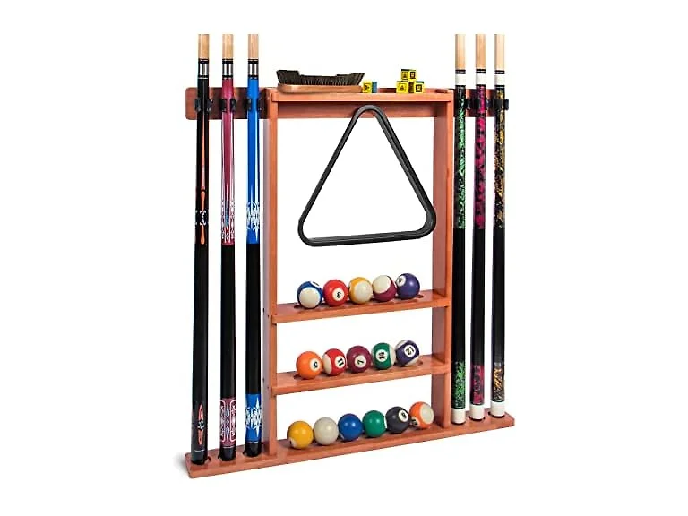 Pool Stick Holder, Wall Mount Pool Cue Rack ,Solid Wood Floor Stand for billiard cue sticks,Holds 6 Pool Cues & a Full Set of Balls,Professional Pool Table Accessories for Billiard Room or Club