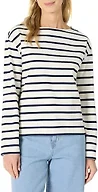 Amazon Essentials Women's 100% Cotton Heavyweight Relaxed-Fit Long-Sleeve Boatneck Top, Eggshell White Navy Mariner Stripe, Small