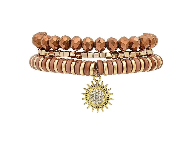 Stretch Beaded Bracelet Stack with Brown Sun Charm
