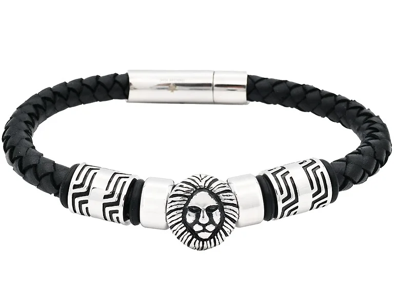 Genuine Black Leather Lion Bracelet