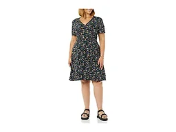 Amazon Essentials Women's Short Sleeve V-Neck Gathered Flattering Fit and Flare Dress, Black, Ditsy Floral, Small