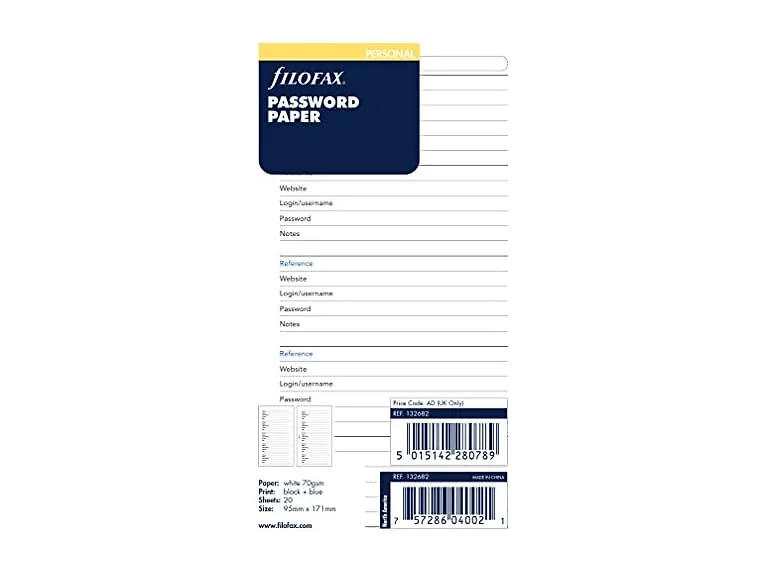 Filofax Personal Password Paper Refill, White, 95 x 171 mm