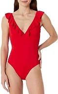 Amazon Essentials Women's Ruffle V-Neck One-Piece Swimsuit, Bright Poppy Red, Small