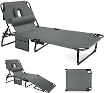 3-in-1 Sun Tanning Chair Outdoor Folding Chaise Lounge for Pool Beach, Grey