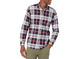 Amazon Essentials Men's Slim-Fit Long-Sleeve Flannel Shirt, Burgundy Grey Plaid, Large