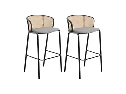 LeisureMod Ervilla Mid-Century Modern Wicker Bar Stool with Fabric Seat and Black Powder Coated Steel Frame, Set of 2 in Grey