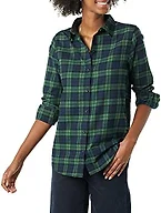 Amazon Essentials Women's Regular-Fit Long-Sleeve Lightweight Cotton Brushed Flannel Shirt, Dark Green Navy Medium Plaid, X-Small