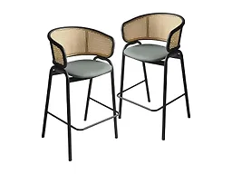 LeisureMod Ervilla Wicker Bar Stool with Fabric Seat and Black Steel Frame - Grey Leather - Set of 2