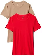 Amazon Essentials Women's Slim-Fit Short-Sleeve Crewneck T-Shirt, Pack of 2, Bright Poppy Red/Tan, Medium