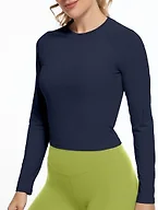 GGOV Womens Long Sleeve Crop Workout Tops Yoga Cropped Top Gym Shirts Athletic Clothes Slim Fit Navy