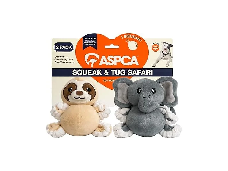 ASPCA 2 Pack Plush Dog Toy with Squeaker Elephant & Sloth