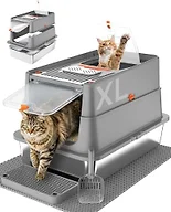 Stainless Steel Litter Box with Flip Lid, XL Extra Large Cat Litter Box with High Sided Top Entry Design, Anti-Leakage Enclosed Metal Litterbox for Big Cats, with Handle, Mat, Pedal & Scoop, Dark Grey