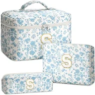 Yestar 3PCS Personalized Initial Makeup Bag for Women, Birthday Gifts for Girl, Travel Toiletry Bag MakeupBag Quilted Cosmetic Bag Floral Cotton Make up Bags for Girls and Women Christmas Gift S