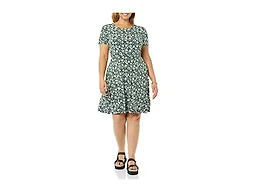 Amazon Essentials Women's Gathered Short Sleeve Crew Neck A-line Dress (Available in Plus Size), Dark Green, Floral, X-Large