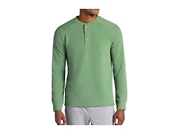 Gaiam Men’s Cozy & Cool Henley Shirt, Standard Fit, Stretch Midweight Micro Waffle Jacquard Material, Loden Frost, Small