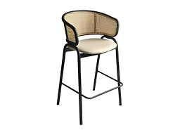 LeisureMod Ervilla Wicker Bar Stool with Fabric Seat and Black Steel Frame - Beige Leather