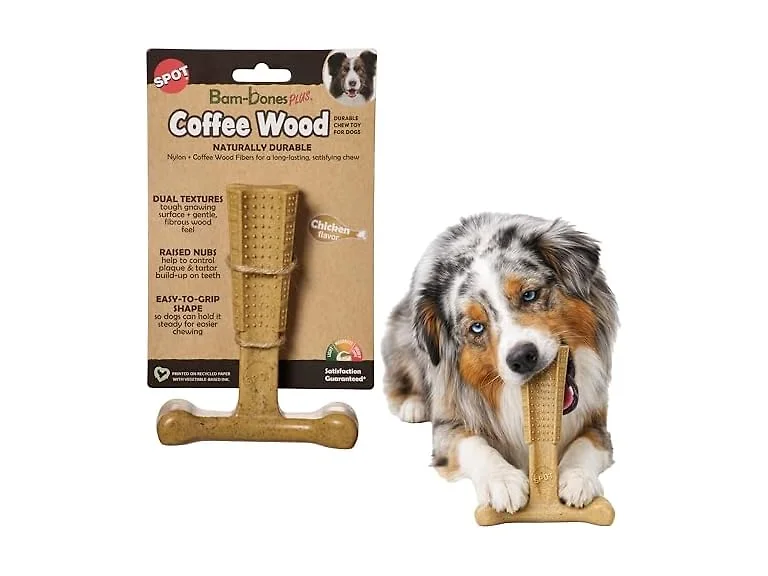 SPOT Bam-Bones Plus Coffee Wood T-Bone Dog Chew Toy, 6"