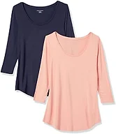Amazon Essentials Women's 3/4 Sleeve Scoopneck Tunic Tops, Pack of 2, Navy / Coral Pink, Large