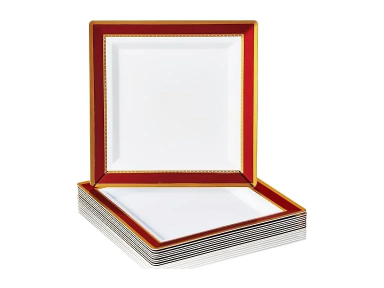 White Square Plastic Dinner Plates with Red Rim - 10.25" (Pack of 10) 
