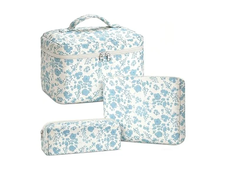 3 Pcs Quilted Makeup Bag Set