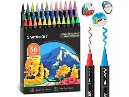 Shuttle Art 36 Colors Dual Tip Acrylic Paint Markers, Brush and Fine Tip for Rock Painting, Ceramic, Wood, Canvas, Plastic, Glass, Stone, Calligraphy, Card Making, DIY Crafts