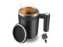 FCSWEET Self Stirring Mug,Rechargeable Auto Magnetic Coffee Mug with 2Pc Stir Bar,Waterproof Automatic Mixing Cup for Milk/Cocoa at Office/Kitchen/Travel 14oz Best Gift - Black